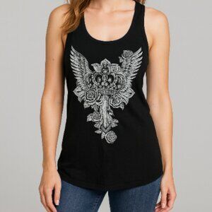 Styles Black Graphic Racerback Tank with Winged Crown & Roses Print • XS?